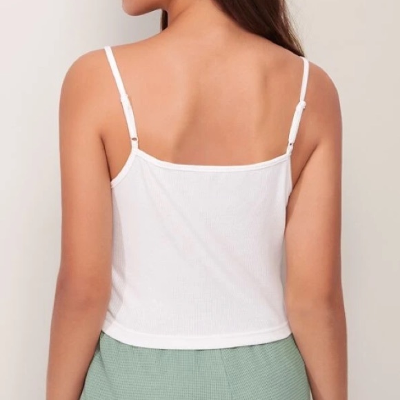 Asymmetrical Rib Knit A U Shape On Neckline & Bottom Straps Crop Tank Cami Top - Picture 3 of 3